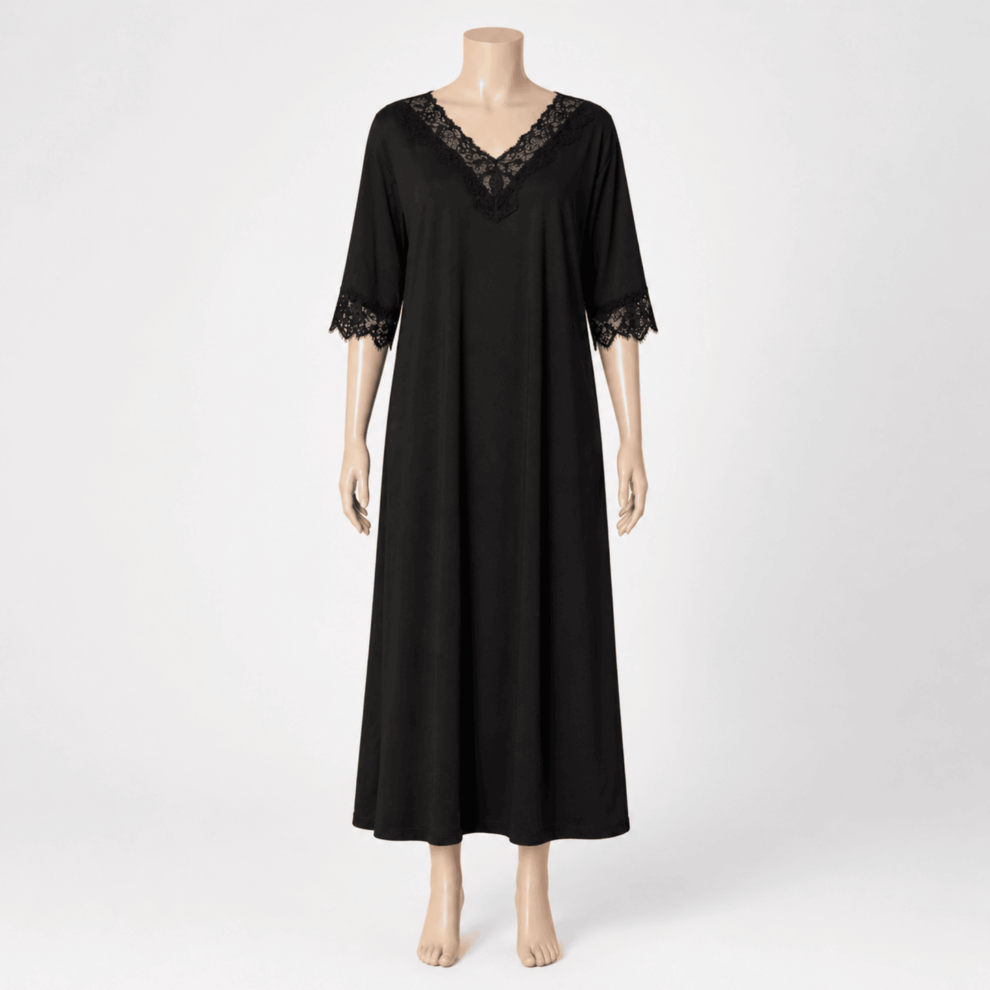 Luxe nachtjapon met kant - Black - L t/m 4XL